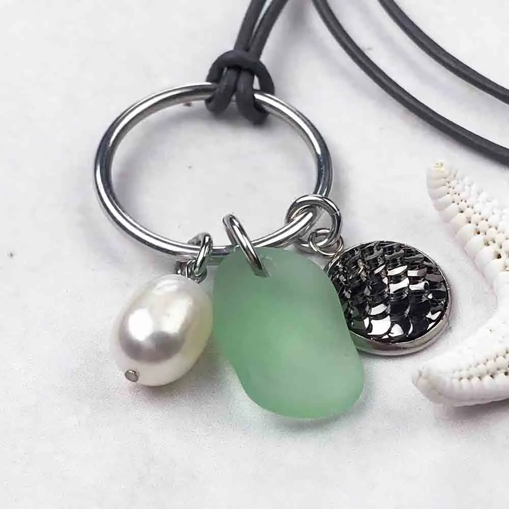 Midnight Moonrise Mermaid Dreams Necklace with Seafoam Sea Glass & Genuine Pearl | #1353