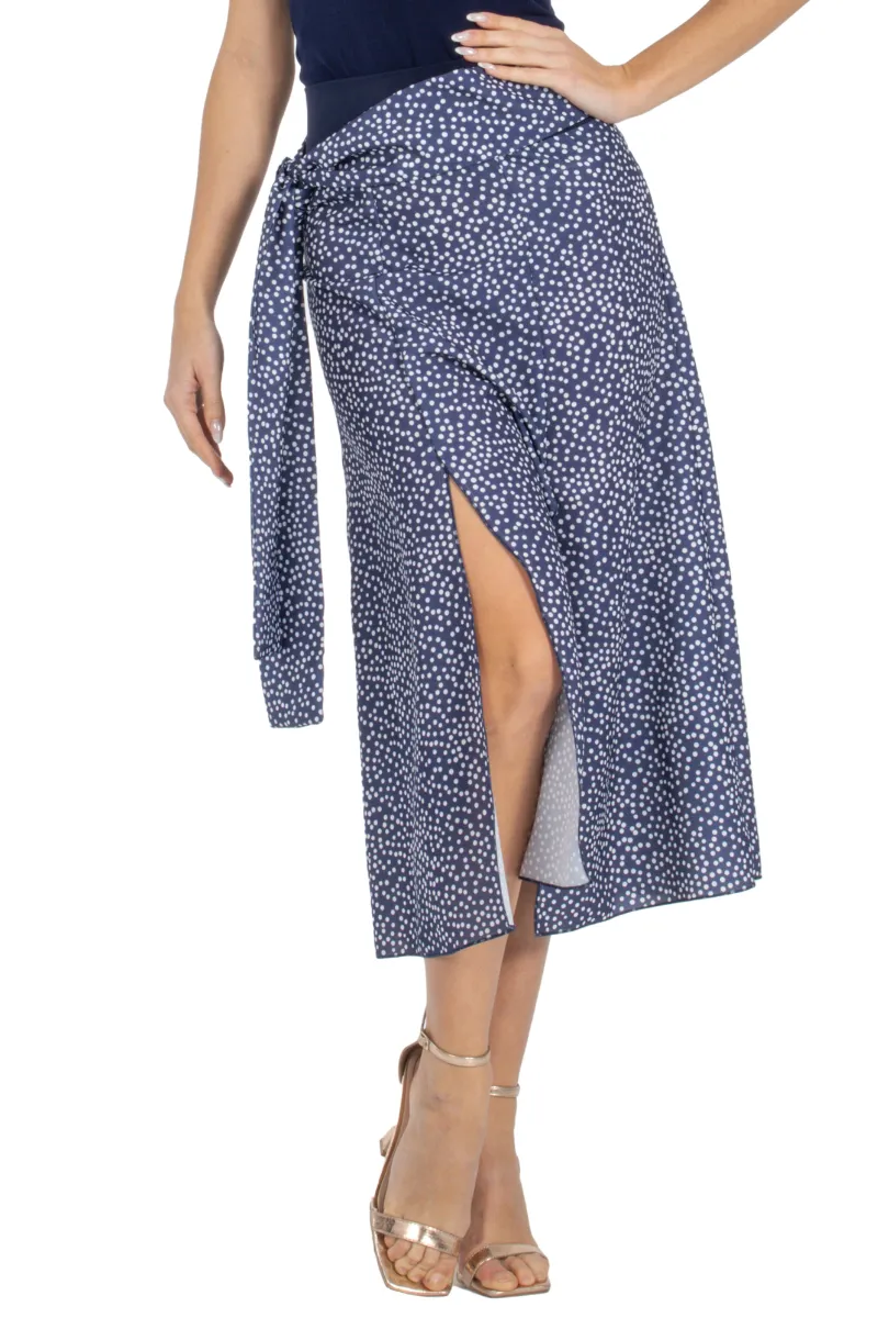 Navy Polka-Dot Matte Satin Dance Skirt With Tie