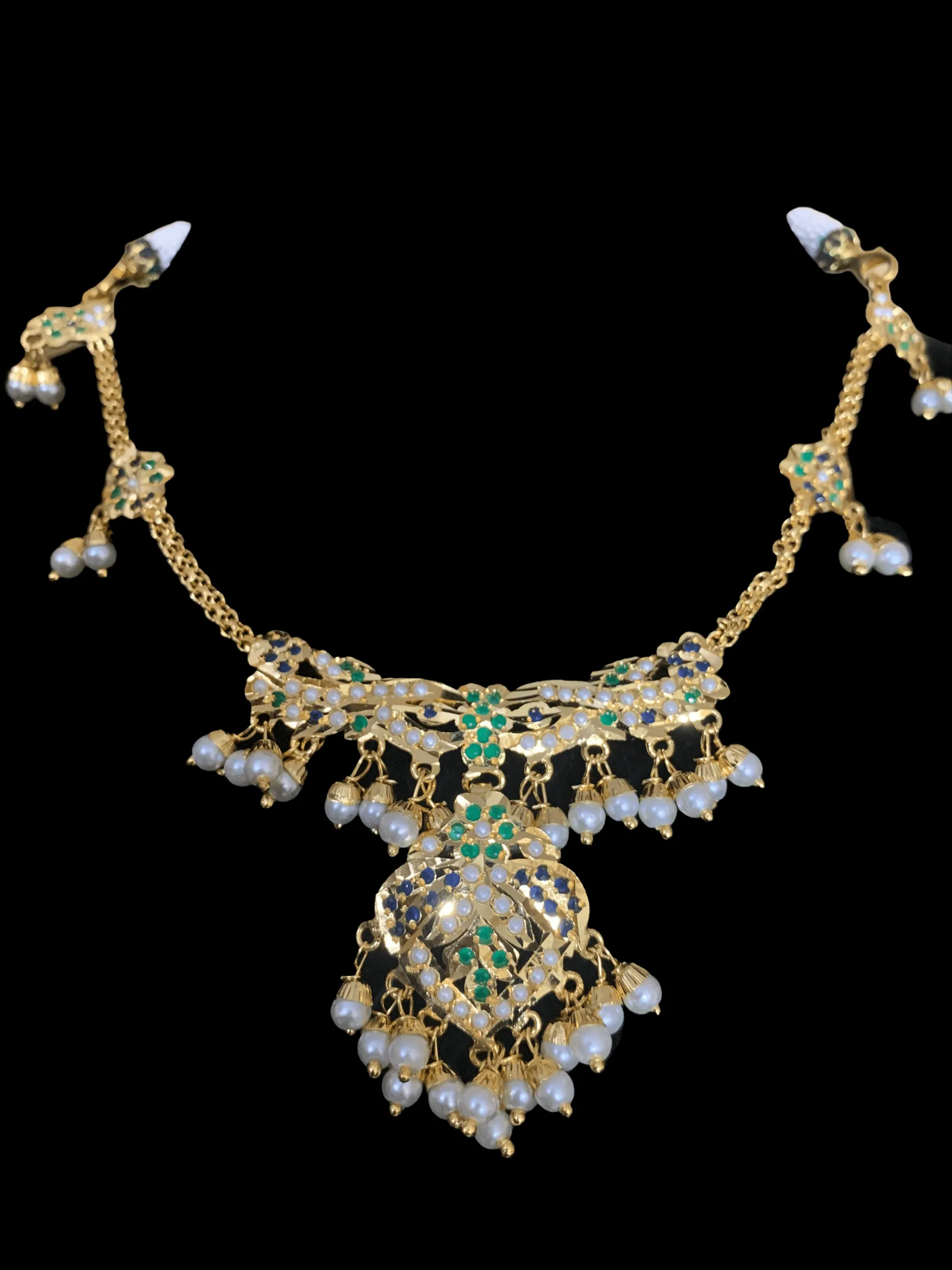 NS322 jadau necklace in emerald sapphire with fresh water pearls ( SHIPS IN 4 WEEKS)