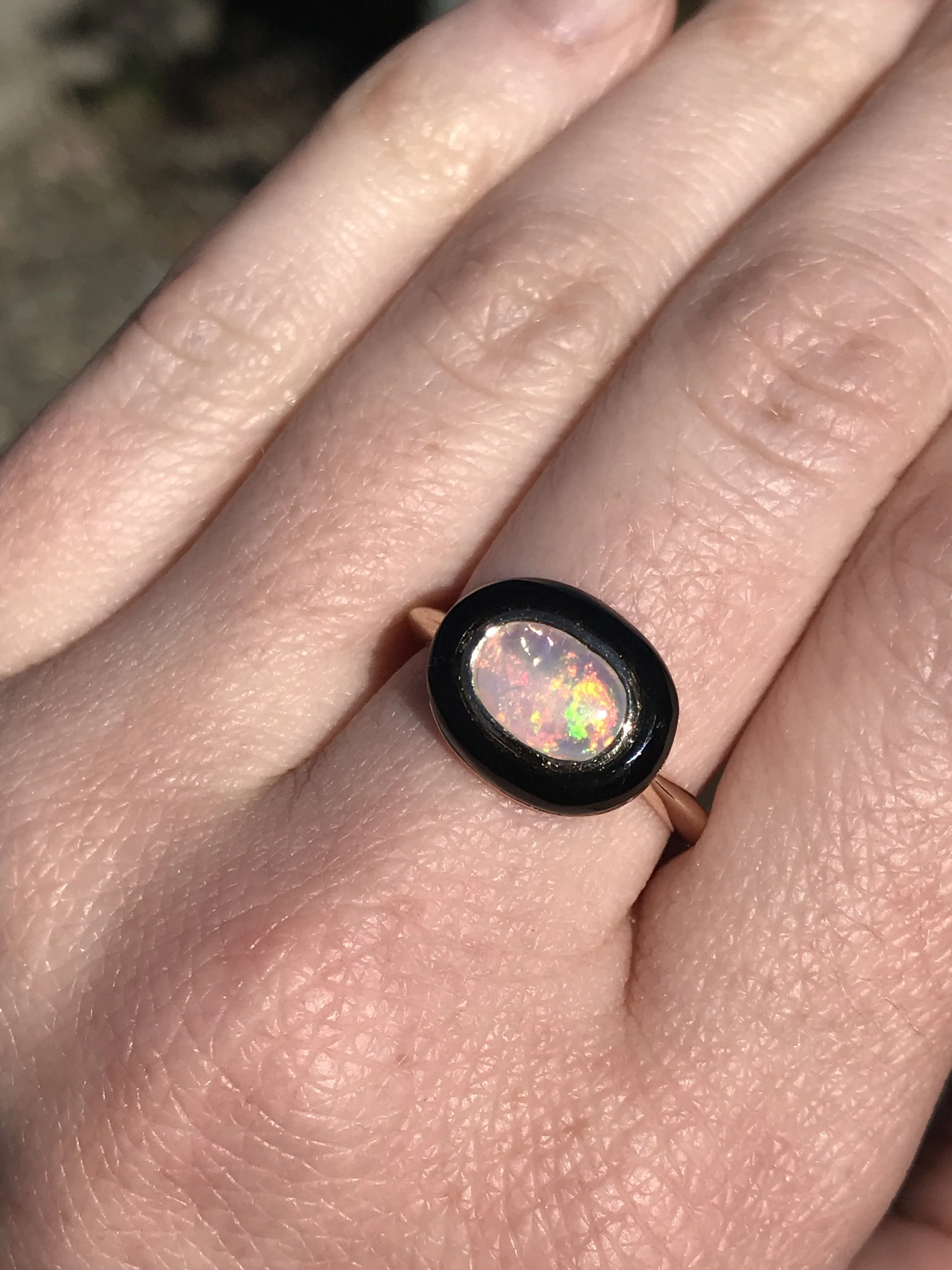 Opal and black jade cabochon ring in 14k Yellow Gold