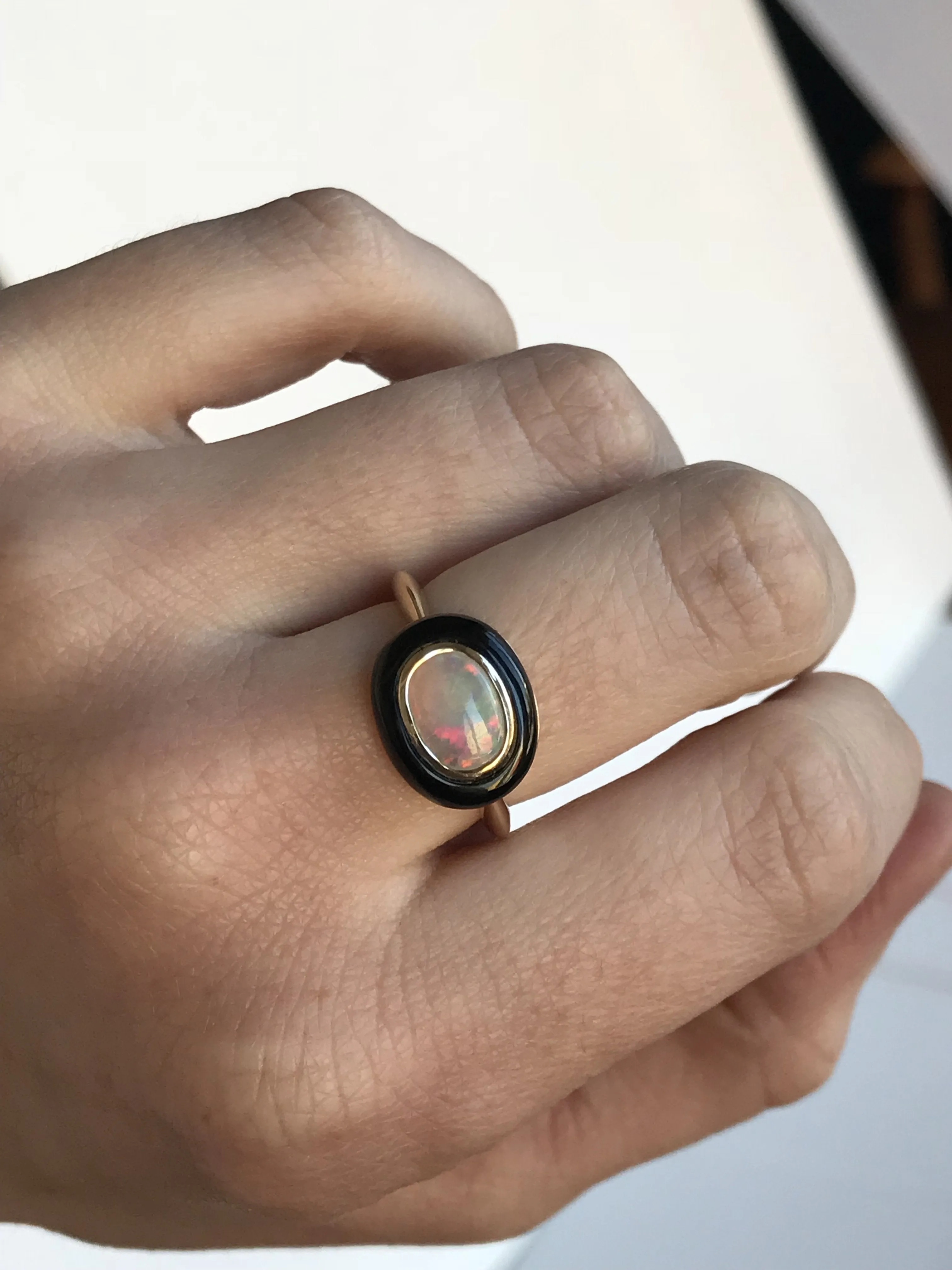 Opal and black jade cabochon ring in 14k Yellow Gold