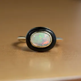 Opal and black jade cabochon ring in 14k Yellow Gold