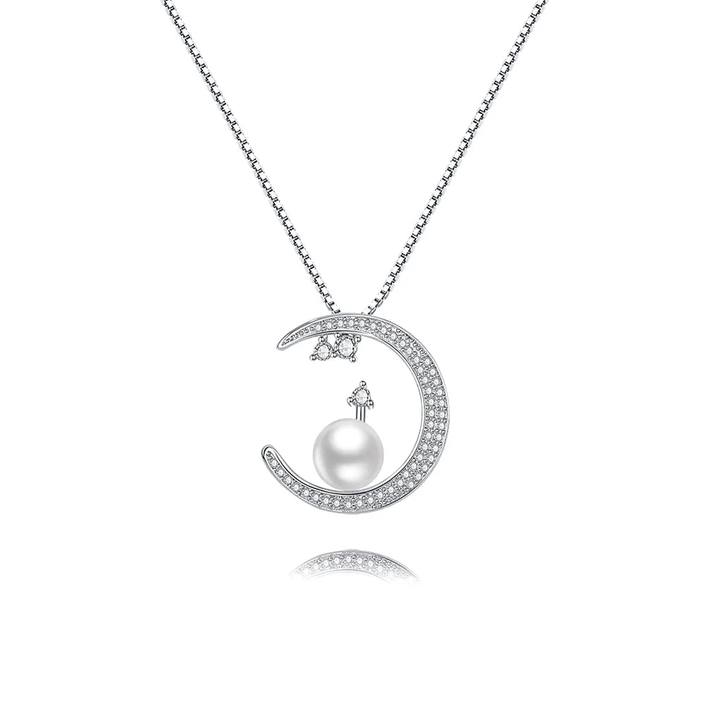 Pearl Embed CZ Diamond Moon Pendant Necklace Silver Pearl Necklace