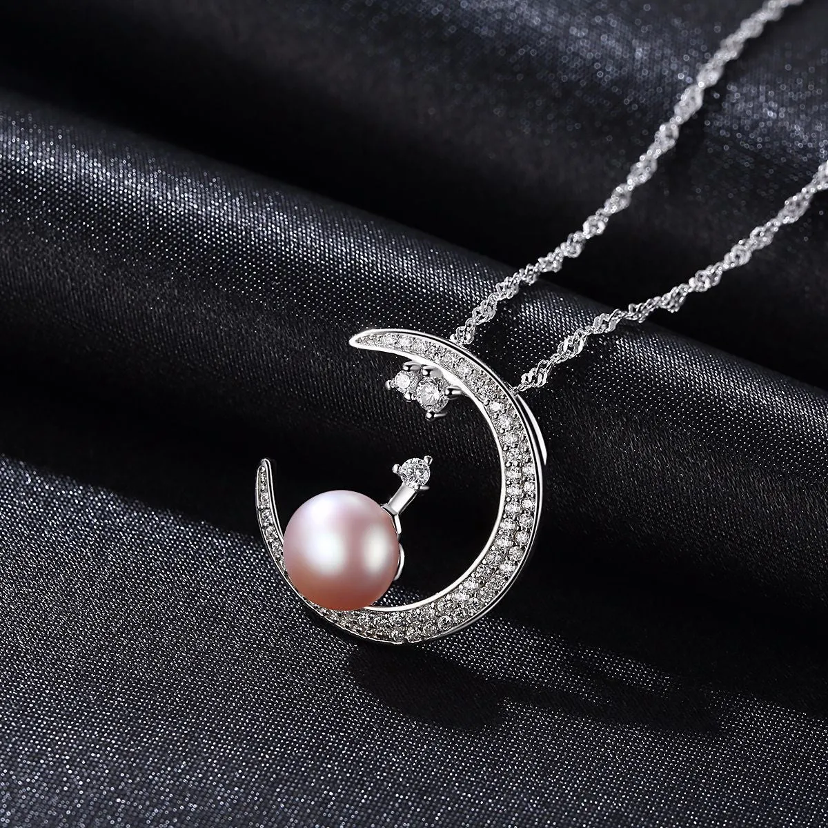 Pearl Embed CZ Diamond Moon Pendant Necklace Silver Pearl Necklace