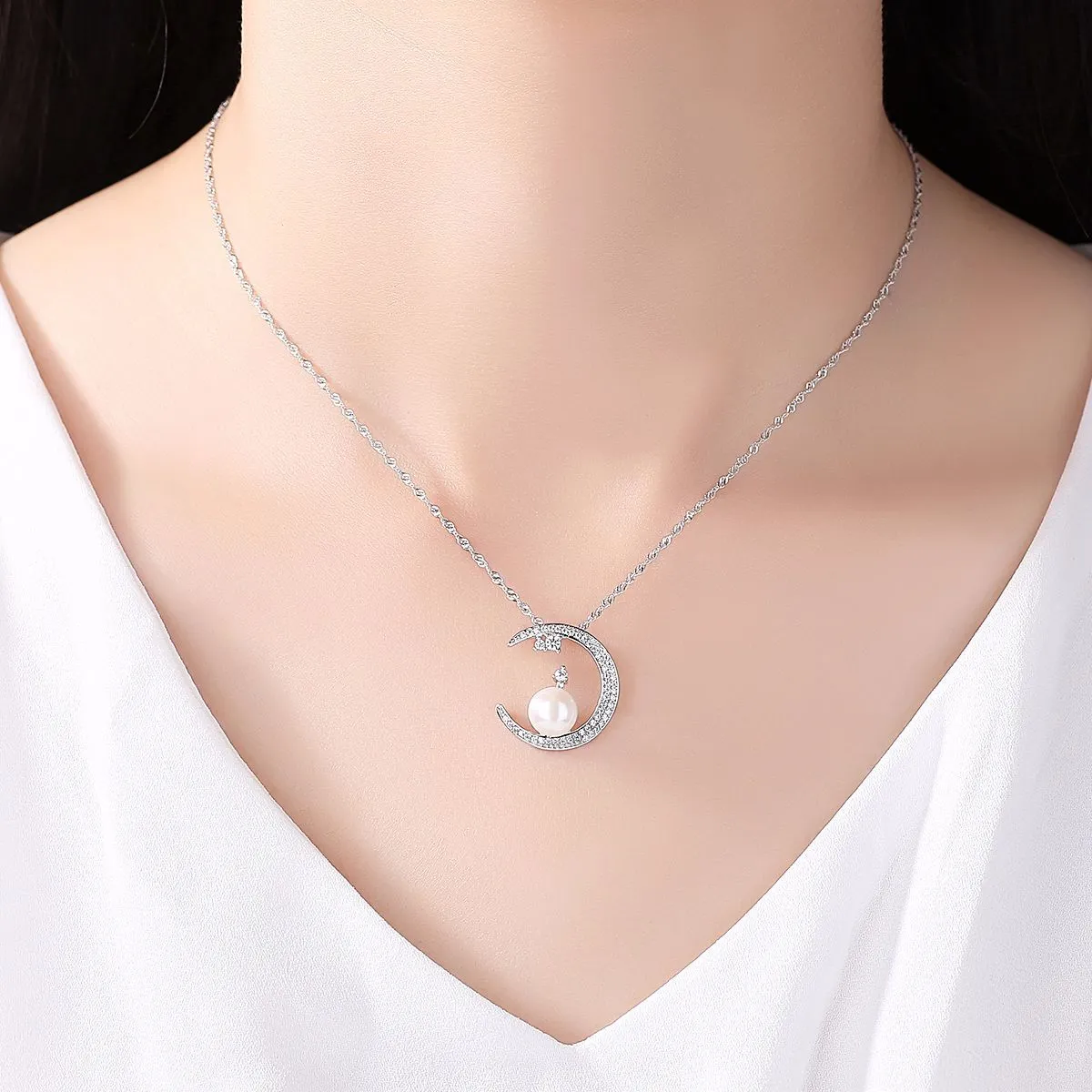 Pearl Embed CZ Diamond Moon Pendant Necklace Silver Pearl Necklace