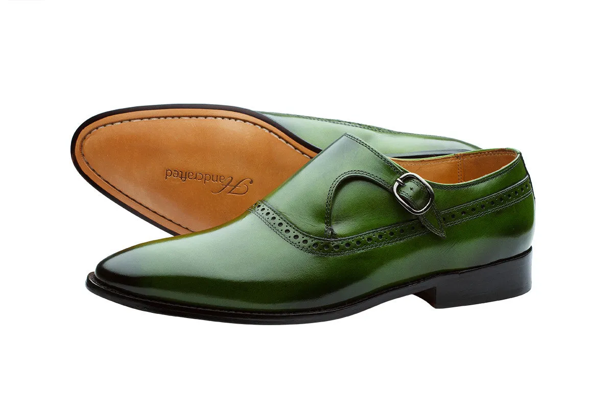 PLAIN TOE SINGLE STRAP BROGUE MONK– DARK GREEN