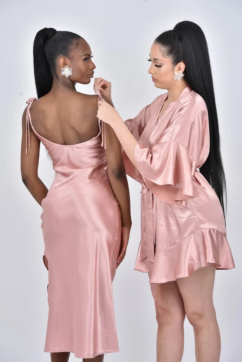 REBECCA Flared Kimono Peplum Sleeve Hem Bridesmaids Dressing Gown Robe - Blush Pink