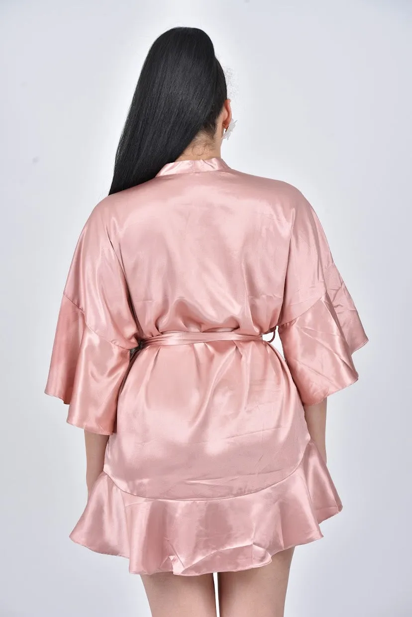 REBECCA Flared Kimono Peplum Sleeve Hem Bridesmaids Dressing Gown Robe - Blush Pink