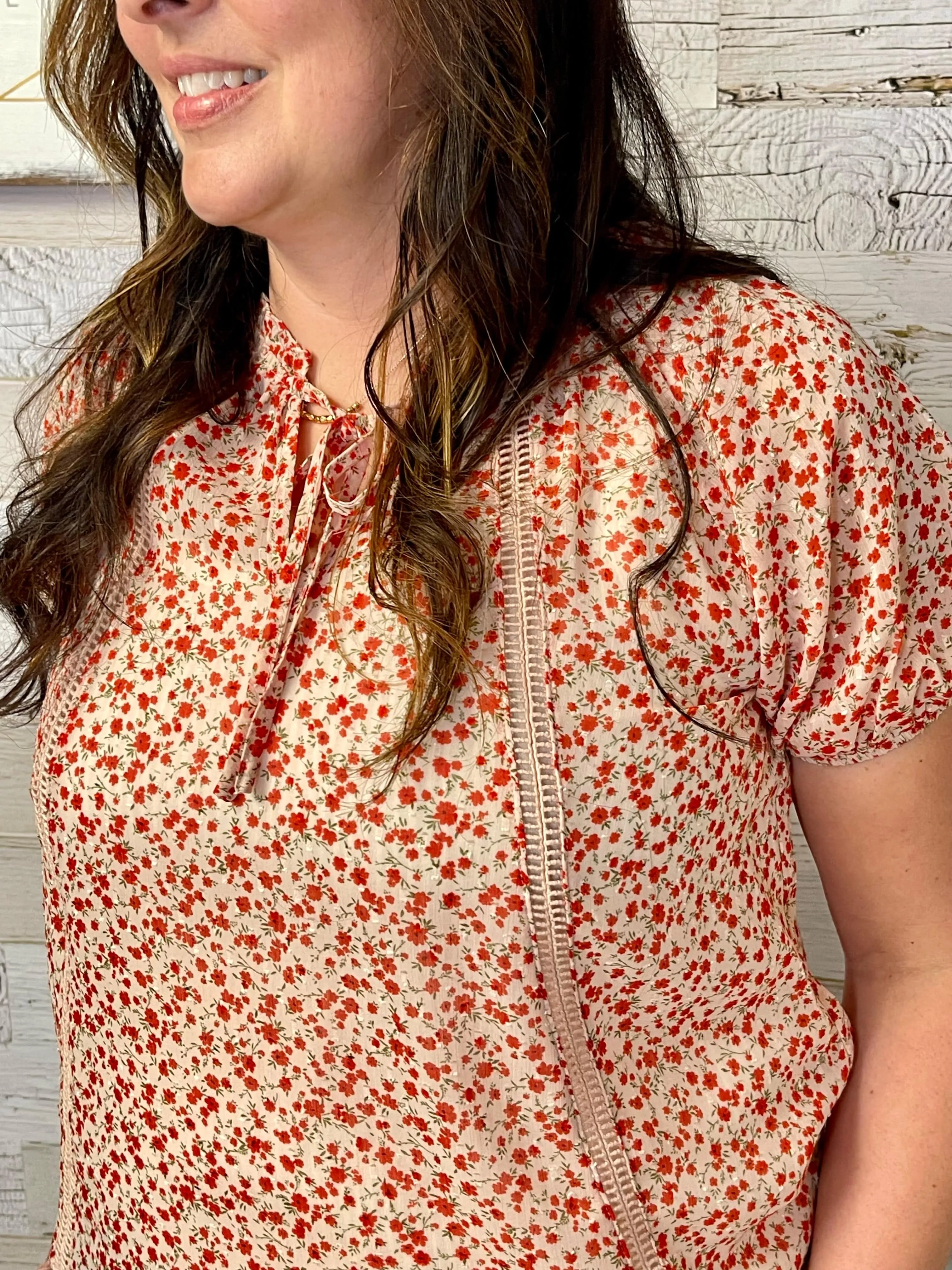 Red Floral Sheer Top