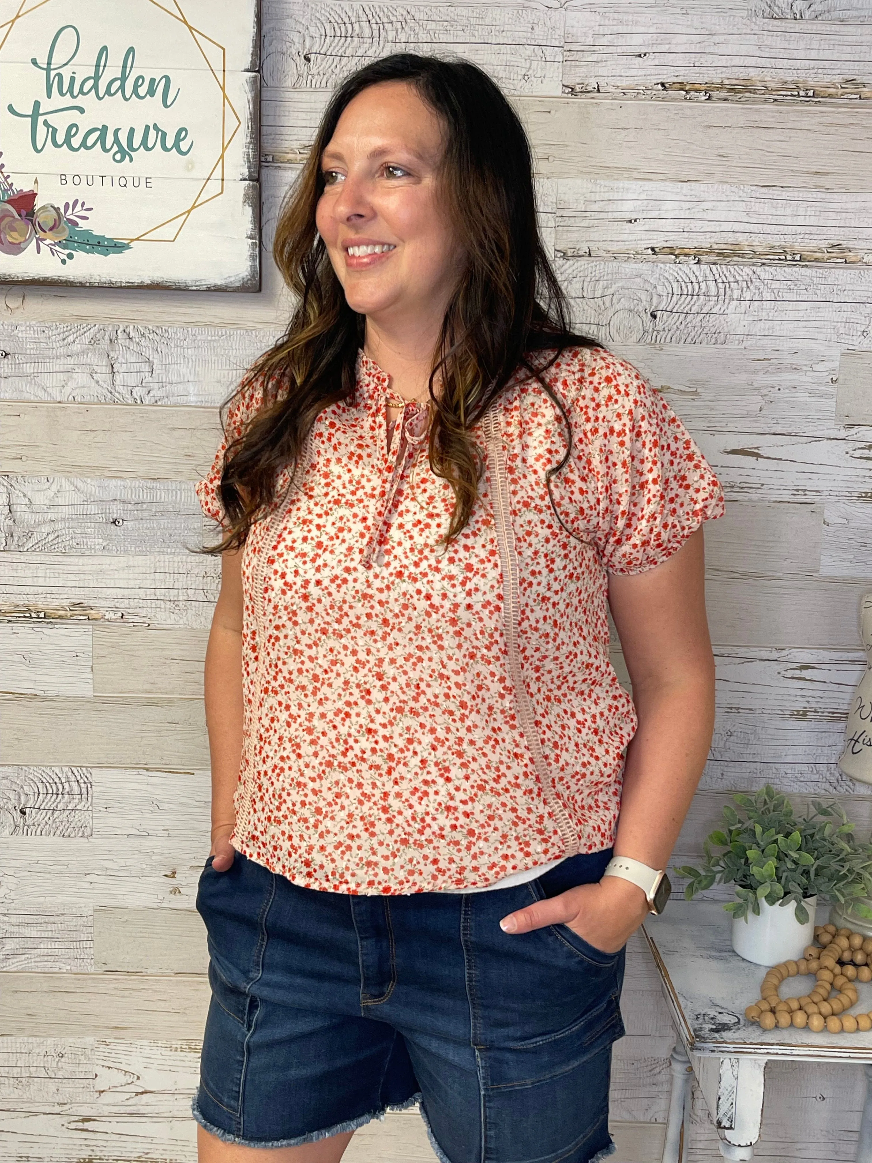 Red Floral Sheer Top