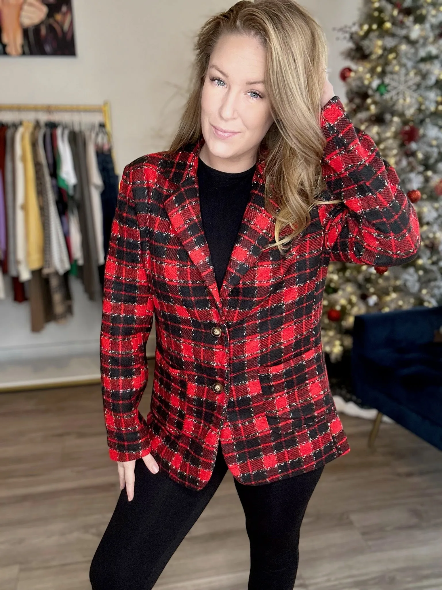 Red Holiday Checkered Blazer