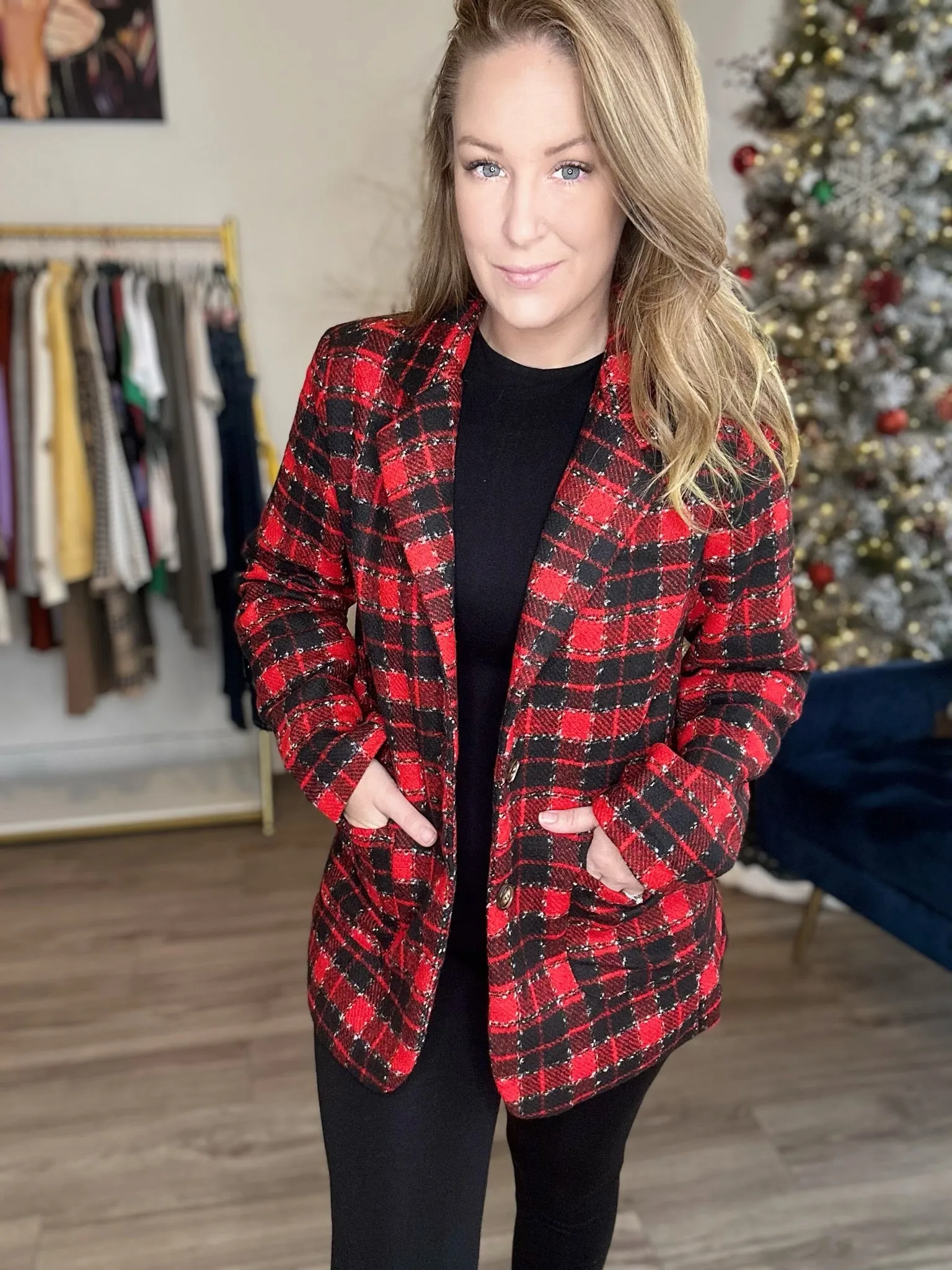 Red Holiday Checkered Blazer