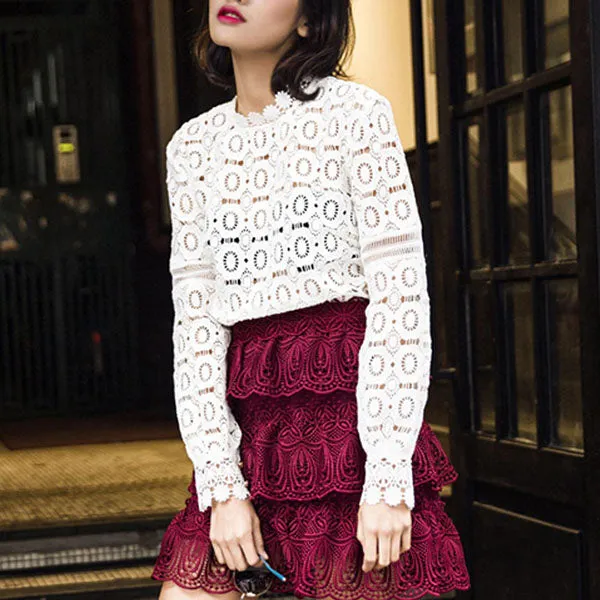 Sheer Mesh White Crochet Eyelet Lace Blouse Top