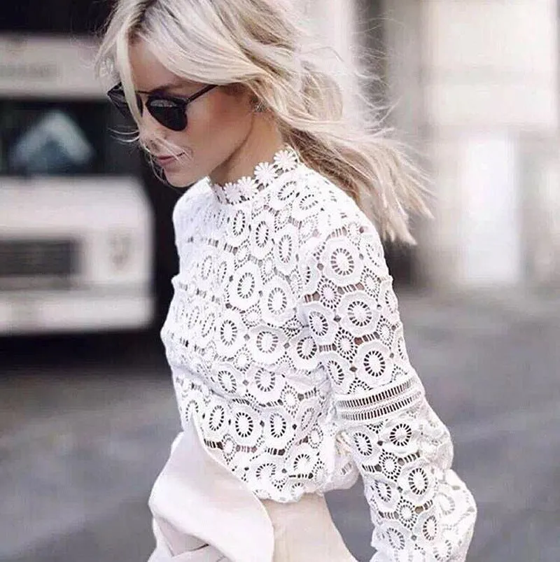 Sheer Mesh White Crochet Eyelet Lace Blouse Top