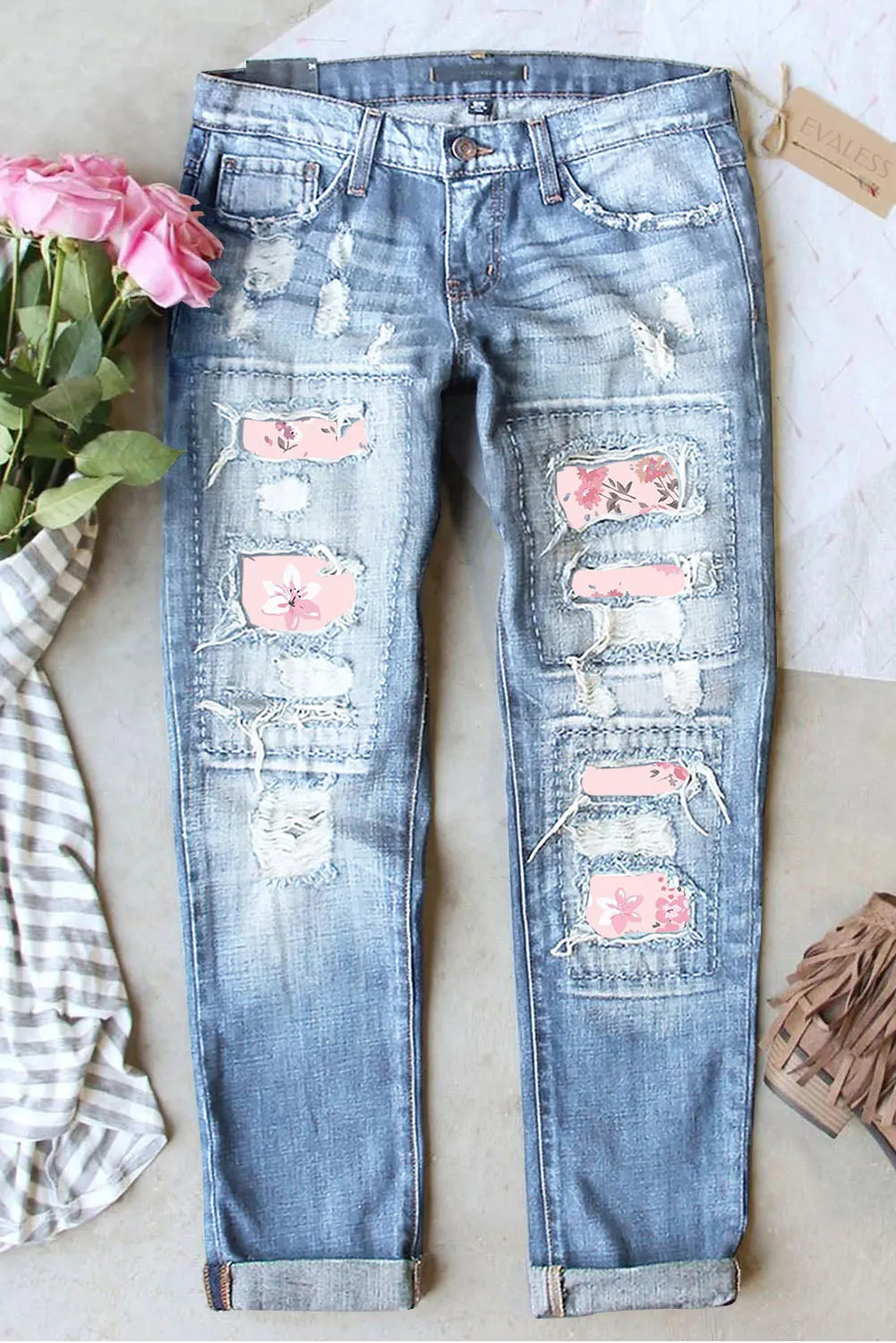 SKY BLUE PINK FLORAL GRAPHIC MID WAIST RIPPED JEANS PinkQueen