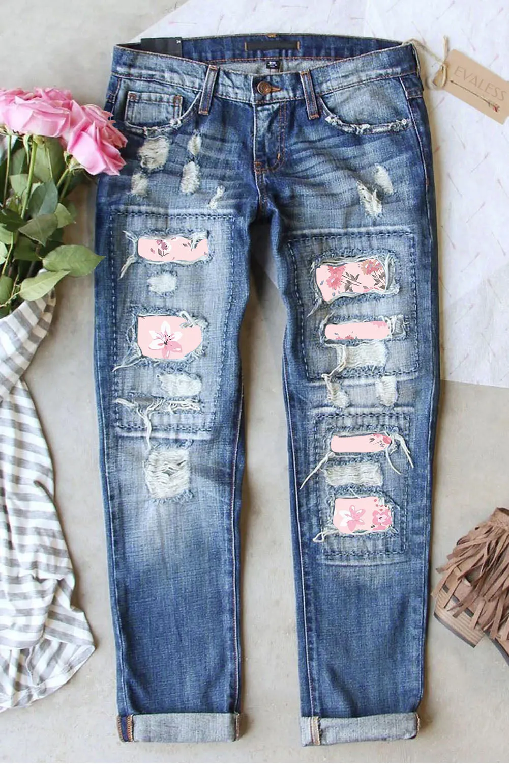 SKY BLUE PINK FLORAL GRAPHIC MID WAIST RIPPED JEANS PinkQueen