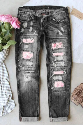 SKY BLUE PINK FLORAL GRAPHIC MID WAIST RIPPED JEANS PinkQueen