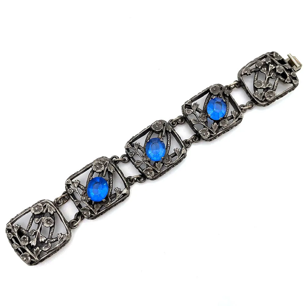 【USA輸入】ヴィンテージ ブルーガラス フローラル ブレスレット/Vintage Blue Glass Floral Bracelet