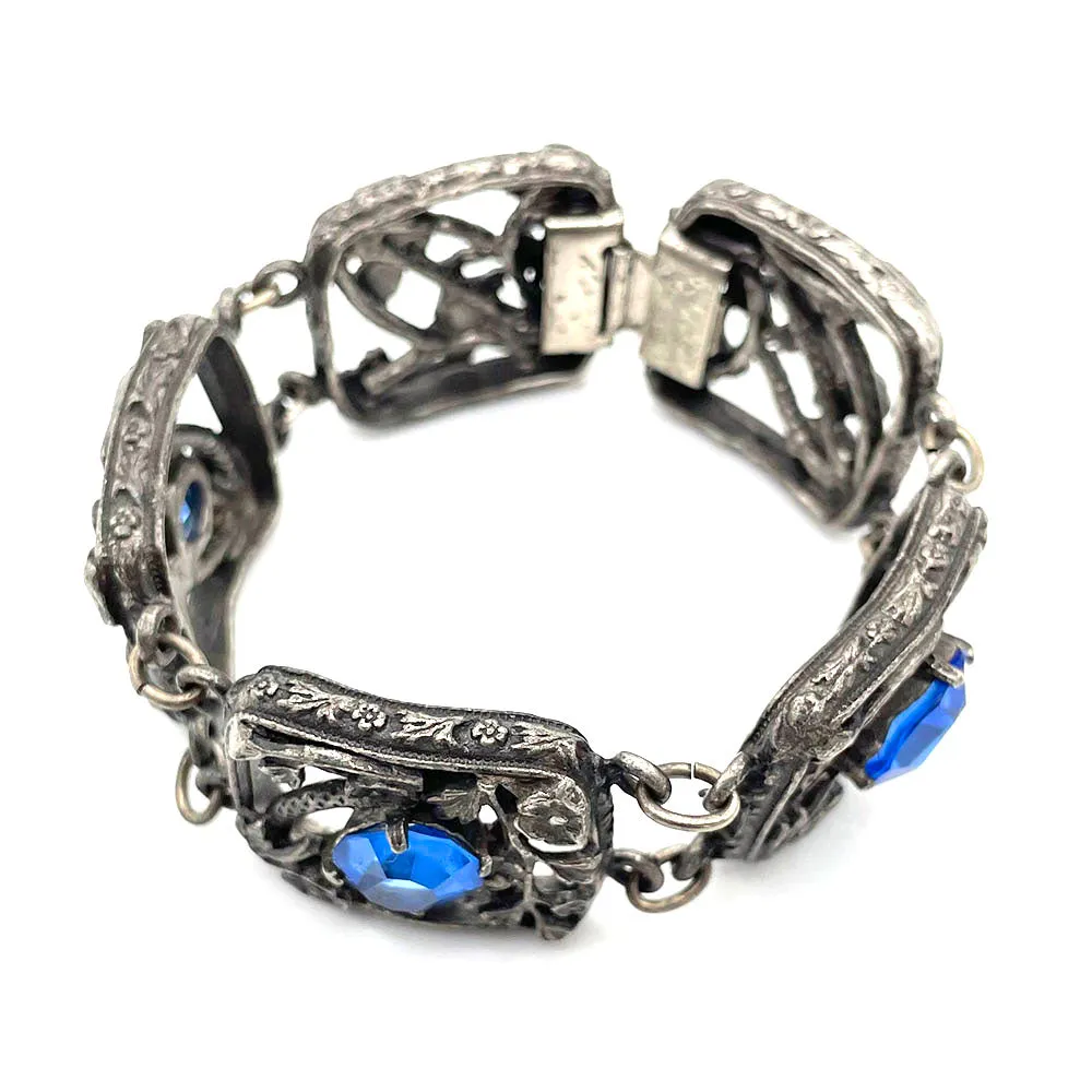 【USA輸入】ヴィンテージ ブルーガラス フローラル ブレスレット/Vintage Blue Glass Floral Bracelet