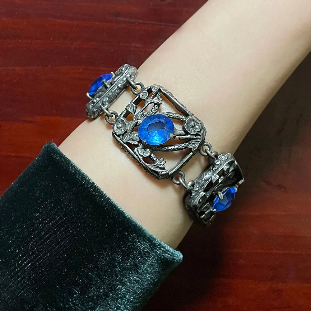 【USA輸入】ヴィンテージ ブルーガラス フローラル ブレスレット/Vintage Blue Glass Floral Bracelet