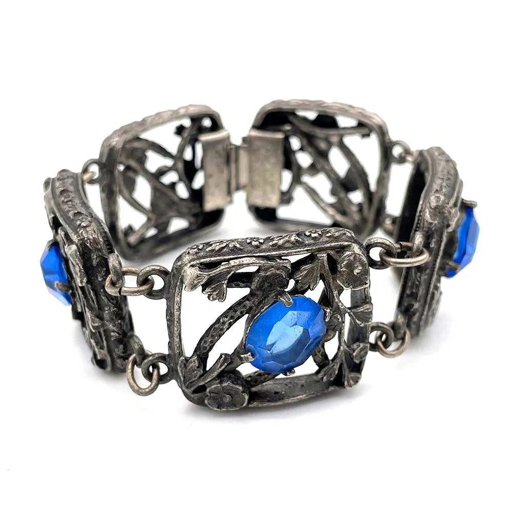 【USA輸入】ヴィンテージ ブルーガラス フローラル ブレスレット/Vintage Blue Glass Floral Bracelet