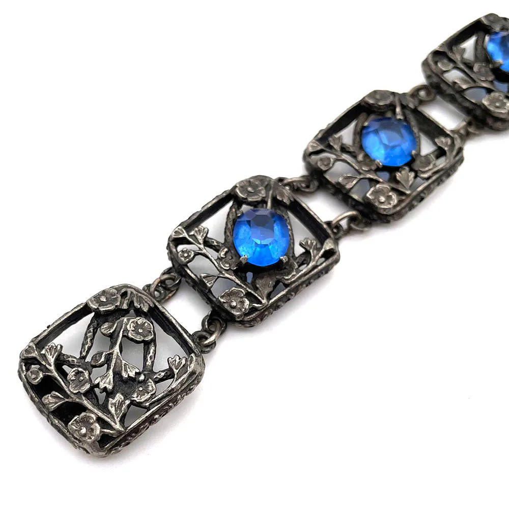 【USA輸入】ヴィンテージ ブルーガラス フローラル ブレスレット/Vintage Blue Glass Floral Bracelet